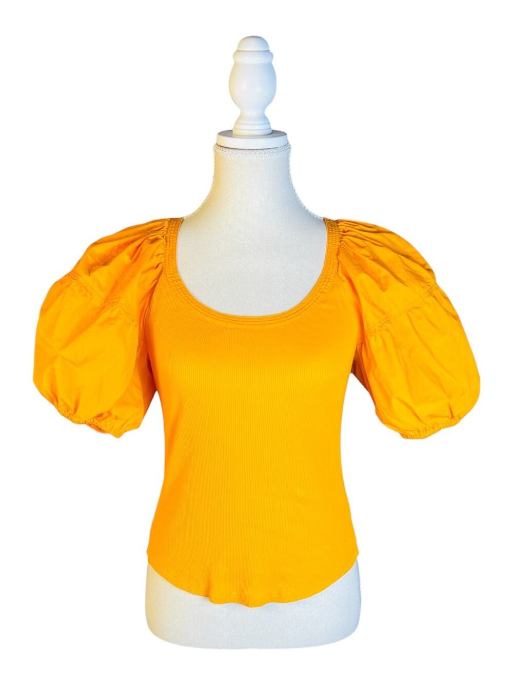 Ulla Johnson Harlowe Marigold Orange Ribbed Cotton Puff Sleeve Top P XS